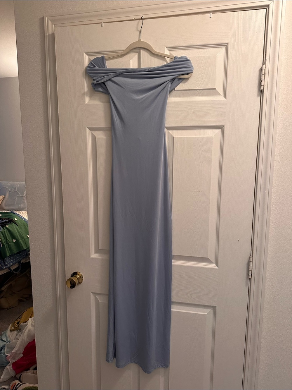 NWT Meshki Imogen Off-Shoulder Slinky Maxi Dress in Dusty Blue - Picture 3 of 6